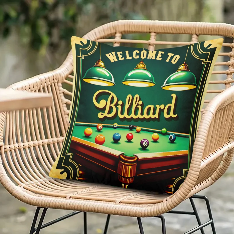 Double Sided Billiards Welcome Sign Pattern Decorative Throw Pillow Case Modern Pool Table Art Cushion Cover for Sofa Home