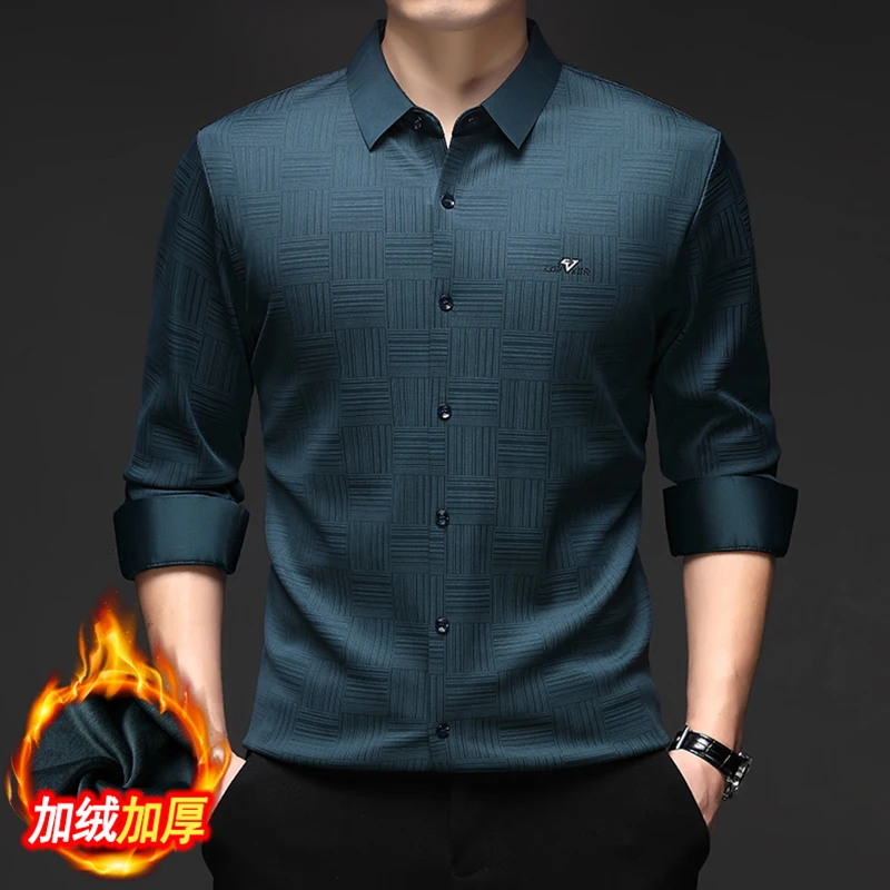 6022 Thick Warn Seamless Shirts For Men Long Sleeve Smart Casual Winter Quality Soft Comfortable Skin-Friendly Camisas De Hombre