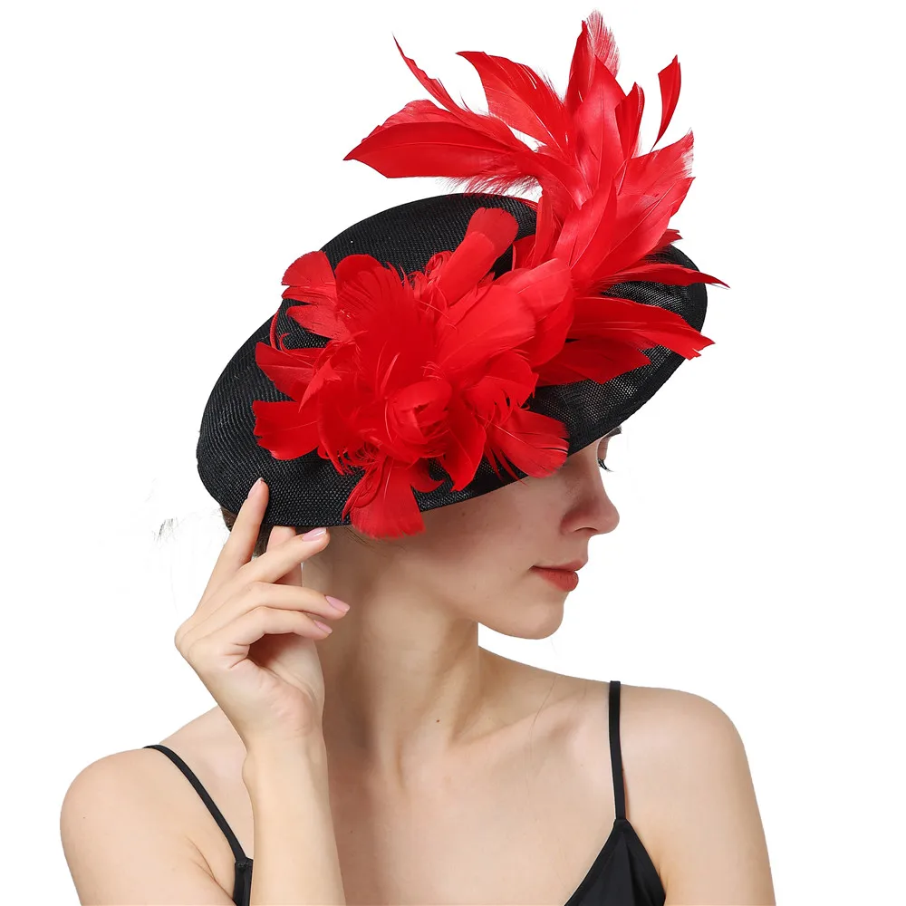 Luxury Red Fascinators Hat Feather Flower Event Millinery Hair Accessories Cocktail Derby Wedding Vacation Chapeau Caps Headwear