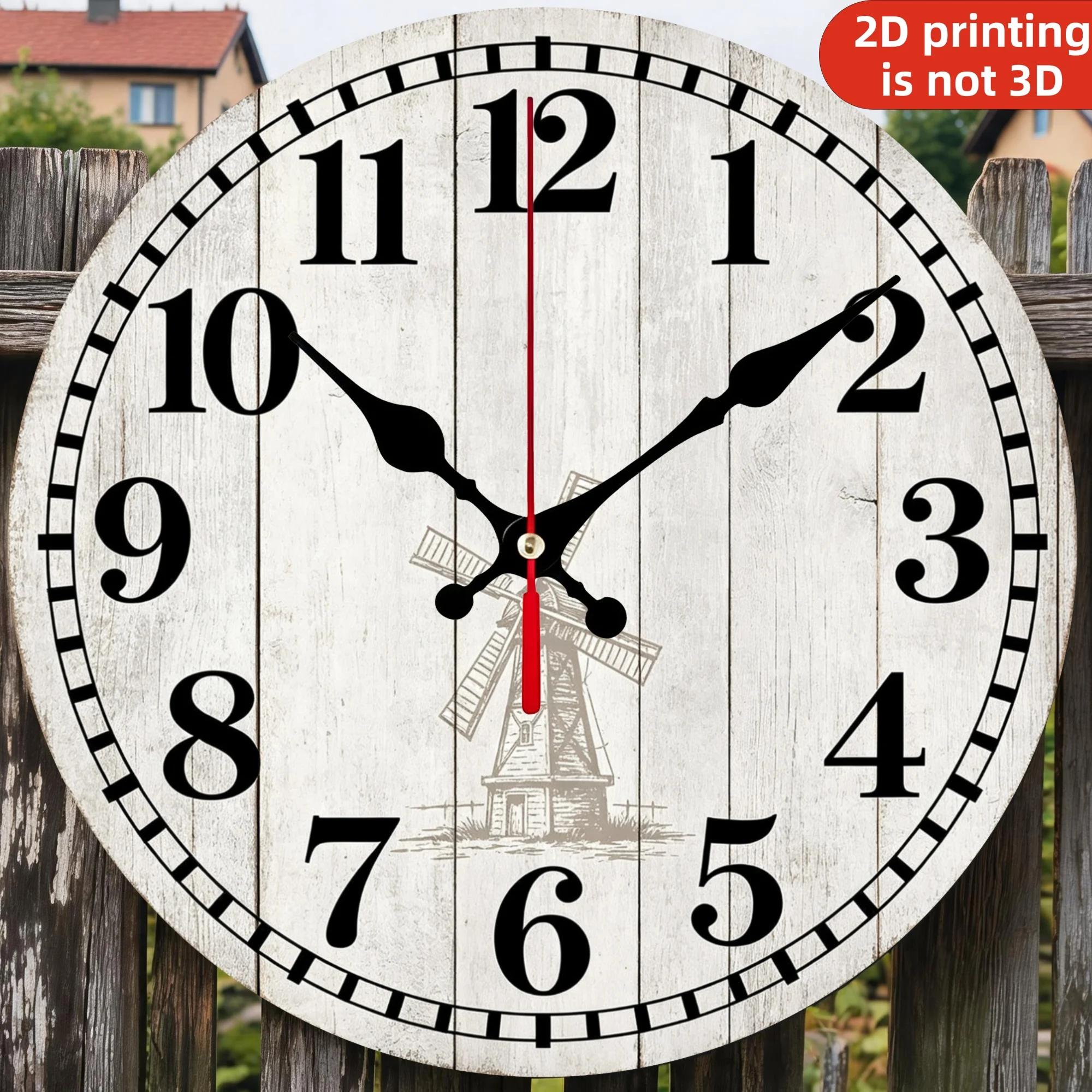 Farmhouse Windmill Wooden Wall Clock, Silent Non Ticking Quartz Movement, 10/12 Inch Round Wood Clock for Home Decor, Living Room Bedroom Wall Decoration