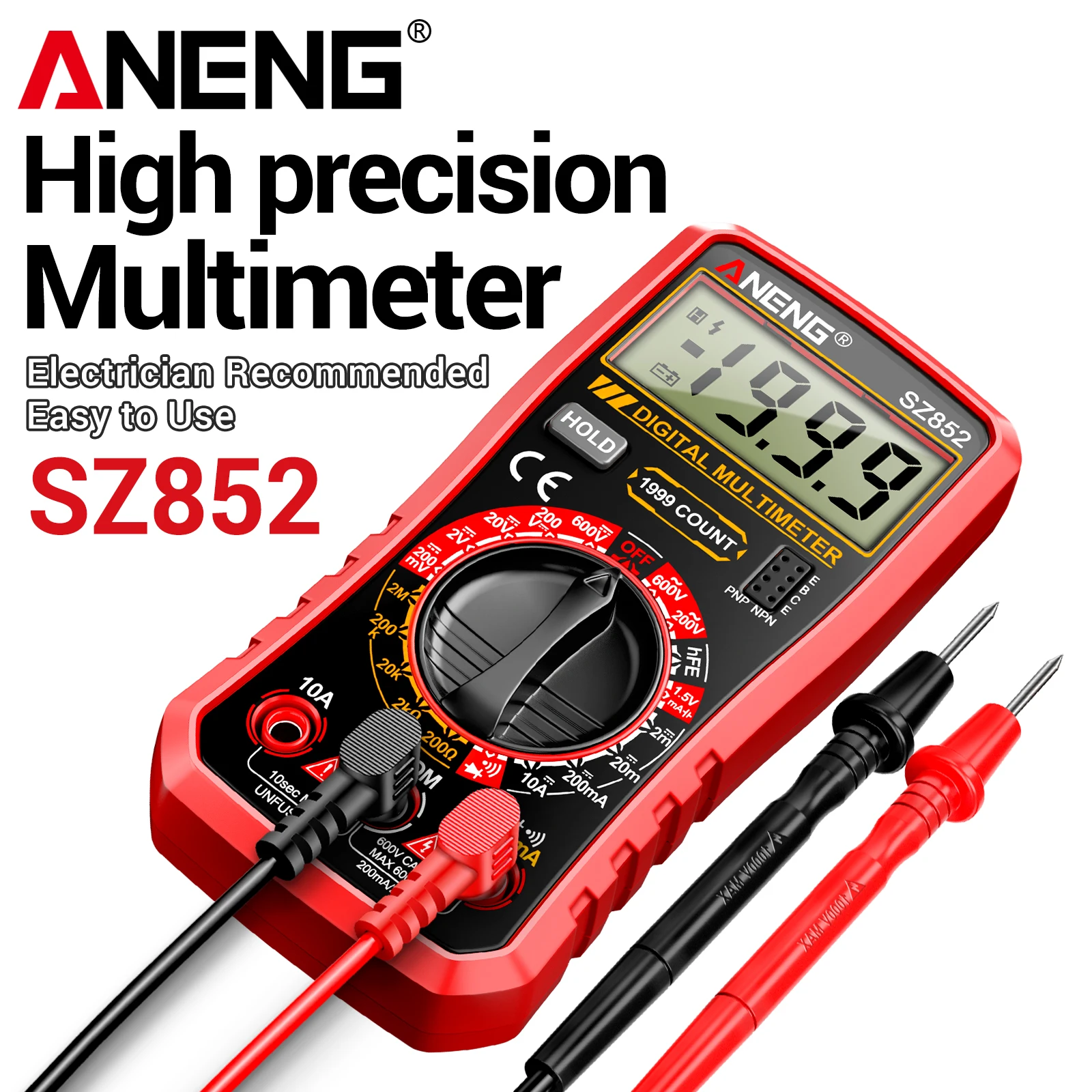 ANENG SZ852 1999-stelliges Multimeter 600V AC/DC 10A Strom-Widerstands-Diodentest mit Summer, Datenhaltefunktion und Niedrigbatterie-Anzeige