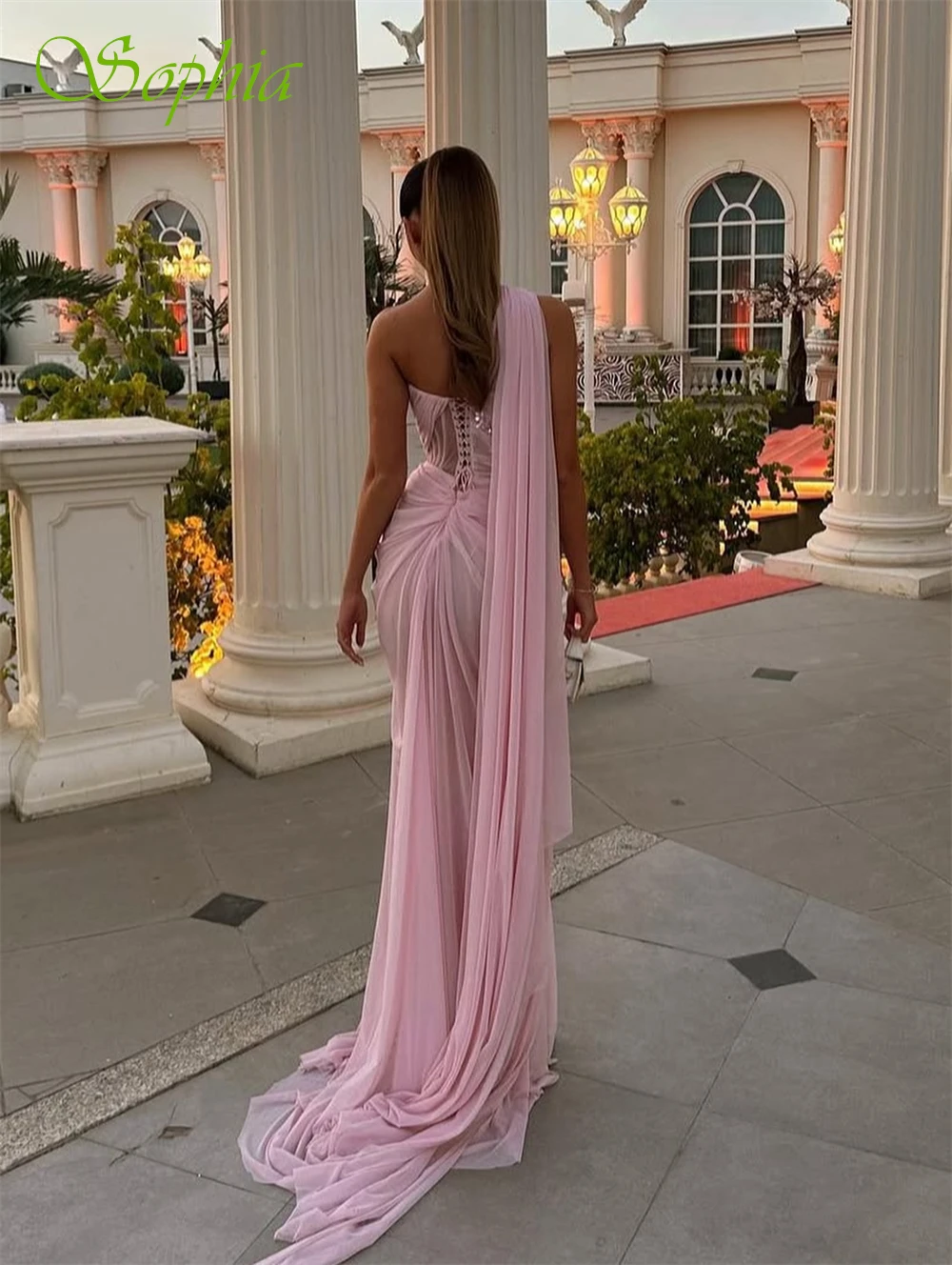 

Customized Simple Pink Chiffon Evening Dress Classic One Shoulder Sleeveless Party Dress Delicate Straight Sequined Prom Dresses