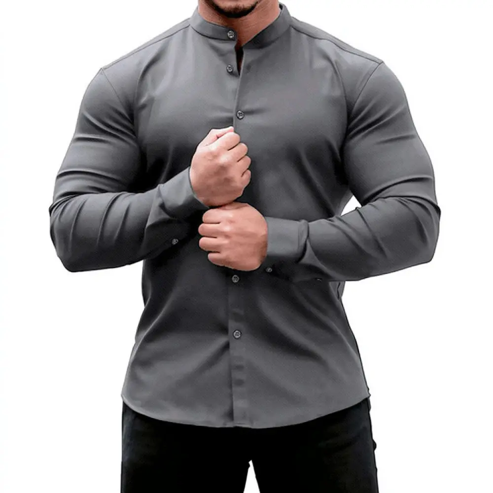 Mens Long Sleeve Slim Fit Shirt Solid Color Button Up Casual Breathable Comfortable Stretch Business Work Formal Tops