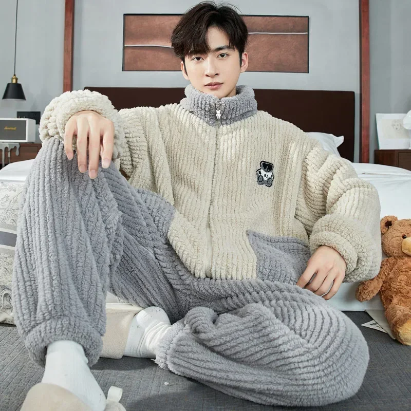 Male Zipper Pajamas Winter Coral Fleece Warm Pajama Sets Thickened Homewear Suit Men Thermal Flannel Sleepwear Turtleneck Lounge