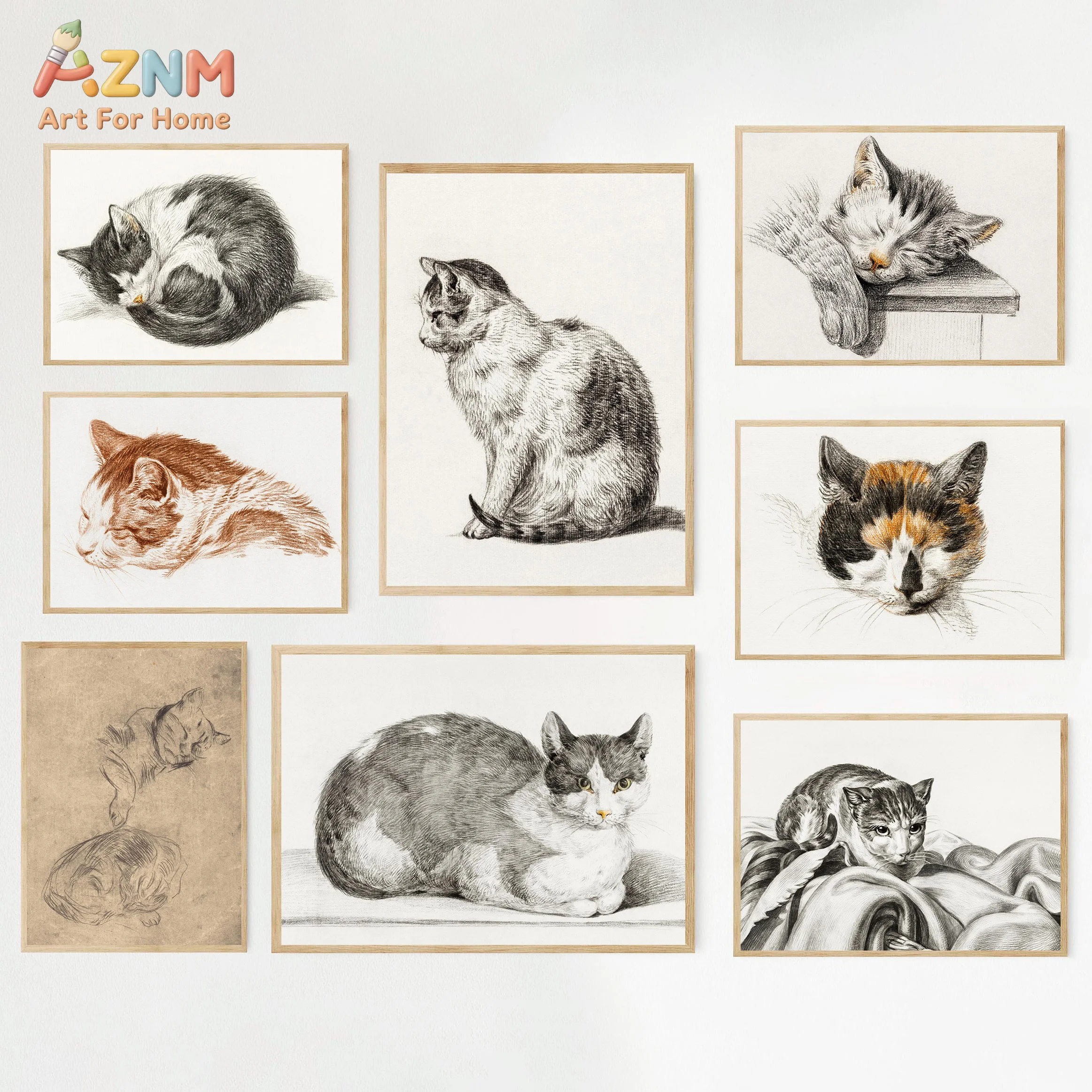 AZNM Vintage Sketch Cat Canvas Wall Art Print, Black White Ginger Kitten Pencil Drawing Minimalist Neutral Bedroom Pet Lover Hom