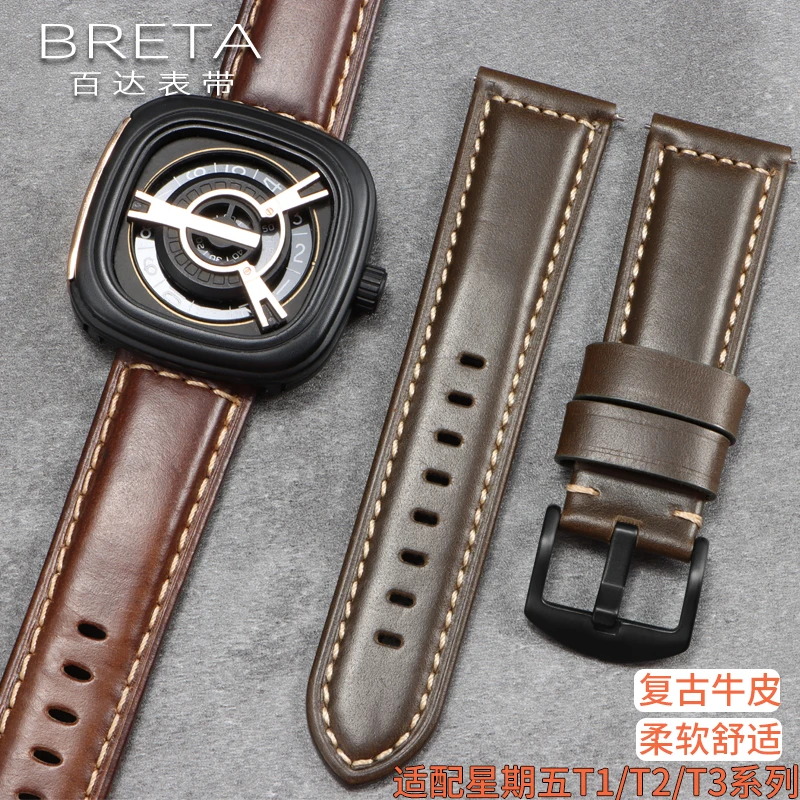 For Seven Friday M2/P1/V3/Q1 M1/M2 T1/T2 Genuine Leather Watch band Vintage Diesel Large Size Metal Riveted Watch Men Strap 28mm