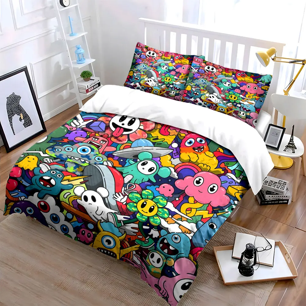 Colorful Cartoon Monster Collage Print Bedding Set 1 Duvet Cover 2 Pillowcases for Adult and Children Luxury Gift Full Size