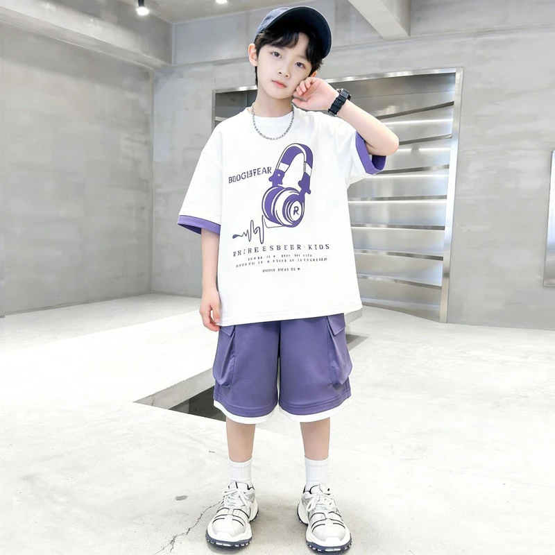 IYEAL Boys' 2026 Summer Leisure Sports Set Loose Fit Short Sleeve T-shirt And Shorts 2-Piece Fashion Outfit for Kids