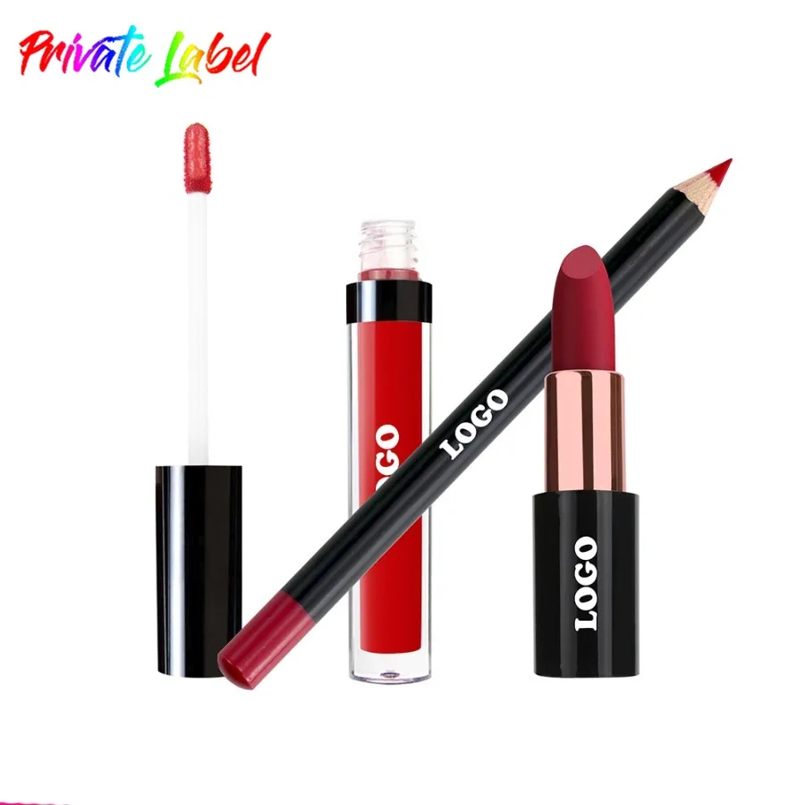 Custom 10colors 3in1 Black Round Tube Lip Kit Matte Long Lasting Waterproof Easy To Apply Smooth Lipstick&lipgloss&liner Set