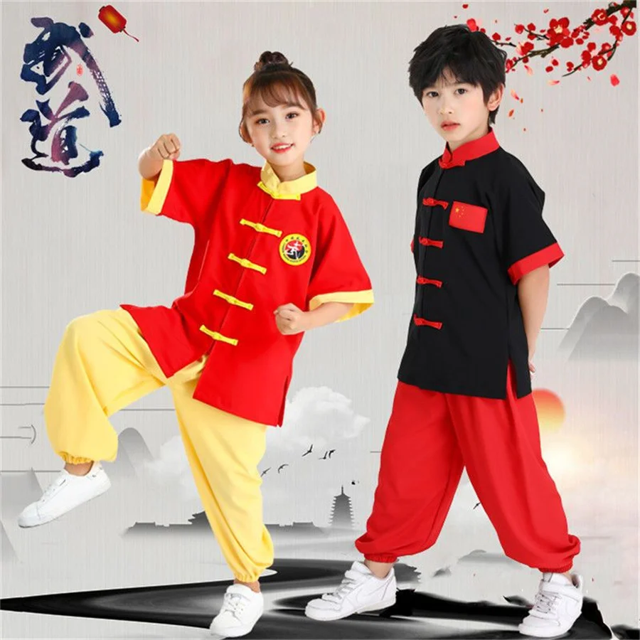 Fato de Wushu de manga curta infantil, roupas de Kung Fu, roupas juvenis, tai chi, estudantes, novo