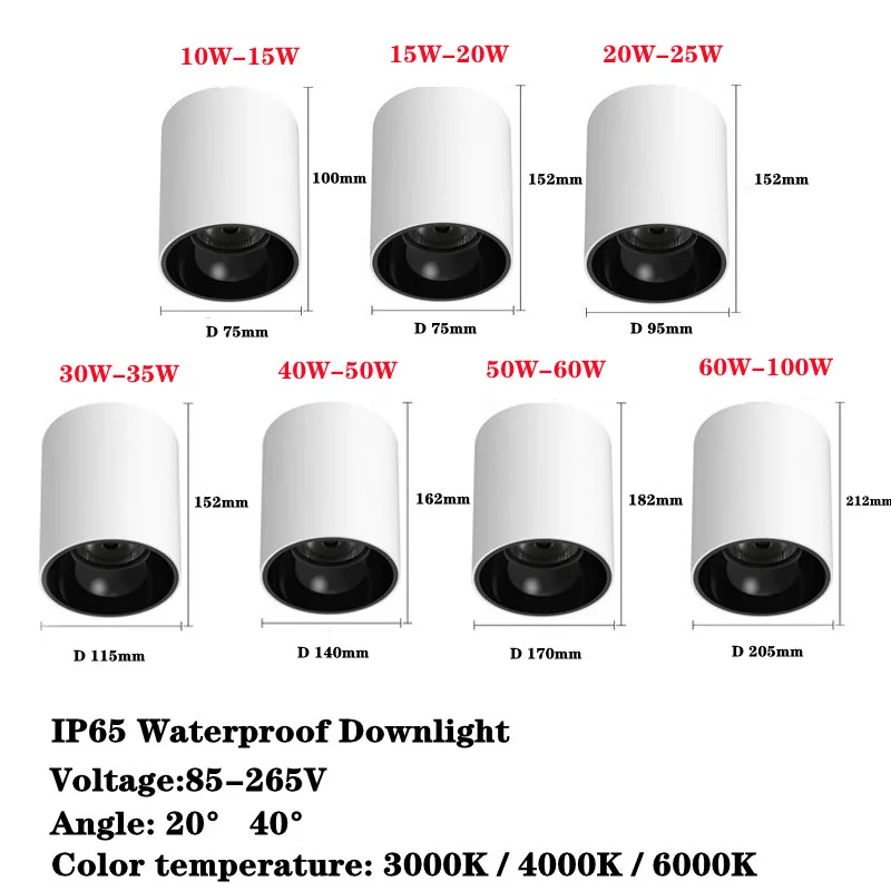 LED typu Downlight wodoodporna sufitowy COB Ip65 montowane na powierzchni zewnętrzna 10W-100W AC85-265V ciepłe białe oświetlenie domu W willi