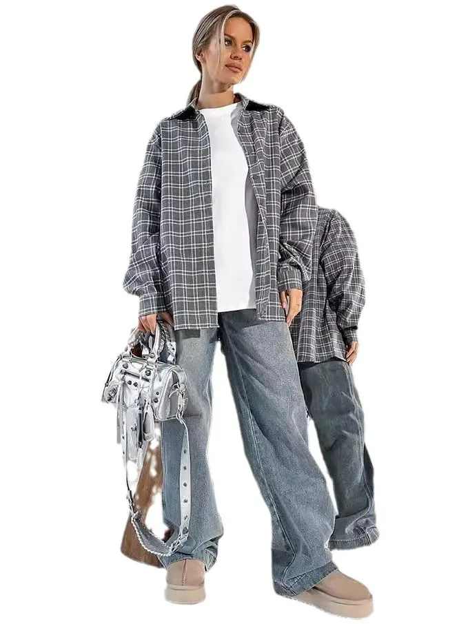 여성용 루즈핏 체크 카라 셔츠 캐주얼 슬레 패치워크 롱 슬리브 레귤러 얇은 여름 컬렉션 중국산