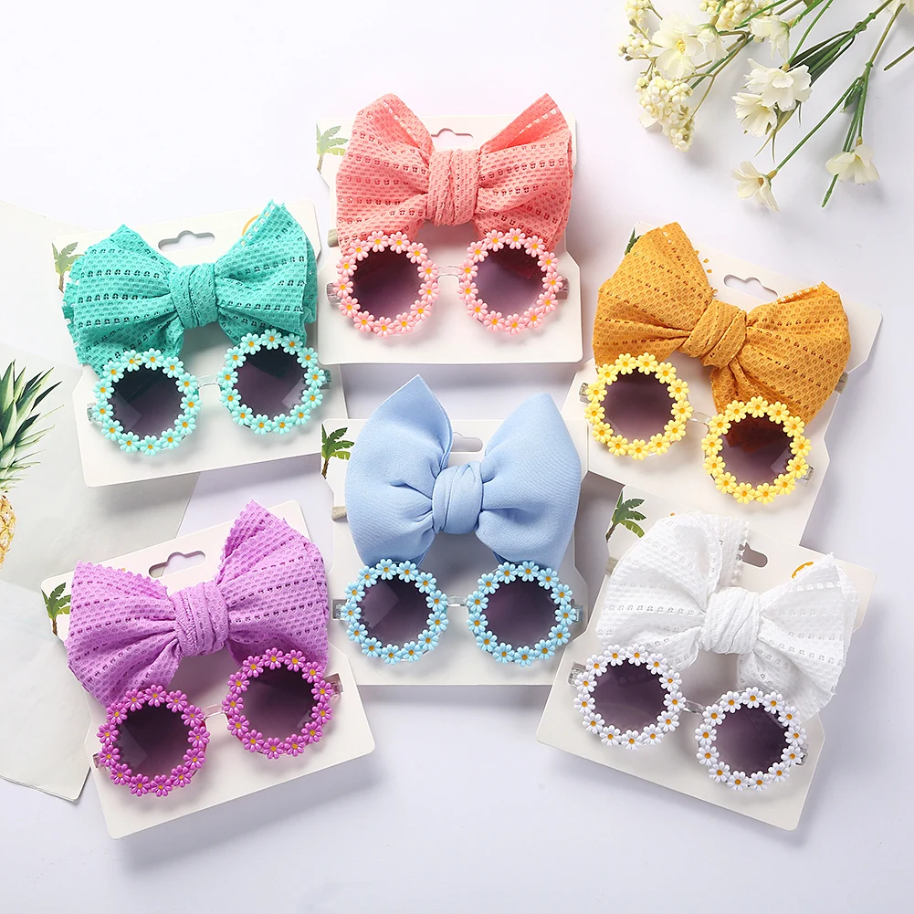 2pc Daisy Flower Baby Sunglasses UV400 Boy Girl Photography Props Hollow Nylon Headband Hair Bands Picnic Eye Headwear