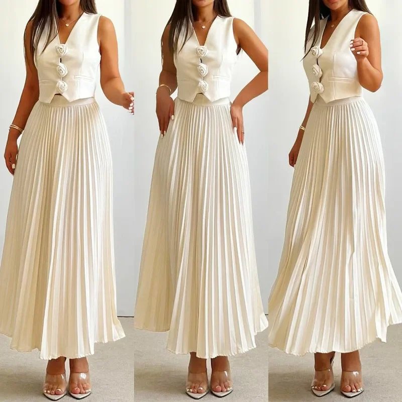 Summer Sleeveless Vest Skirt Pleated Skirt Long Sleeves Ensemble 2piece Femme Two-piece Ladies Set New Dress Sets Womens 2 Piece