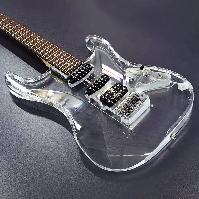 High-quality 6-string acrylic/wood electric guitar for beginners at the entry level with mahogany fretboard and maple neck