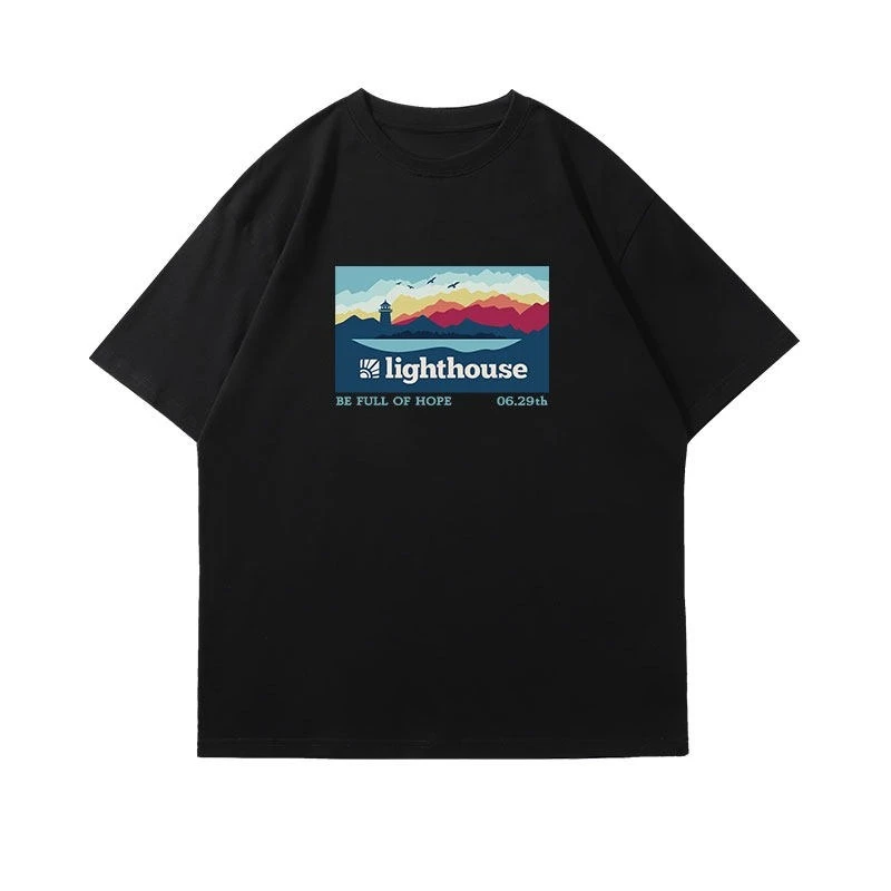 New Korea Basic Commuting Outdoor Sunset Print Men's and Women's Short-sleeved Dopamine-colored Versatile T-shirts