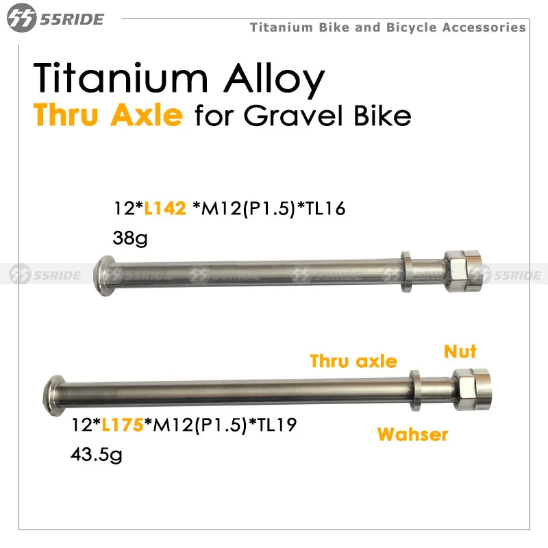 55Ride Titanium Thru Axle with Washe and Nut for Gravel Road Bicycle Cycling Components, 148x12mm, 100*12mm Bike Rear Fork Parts