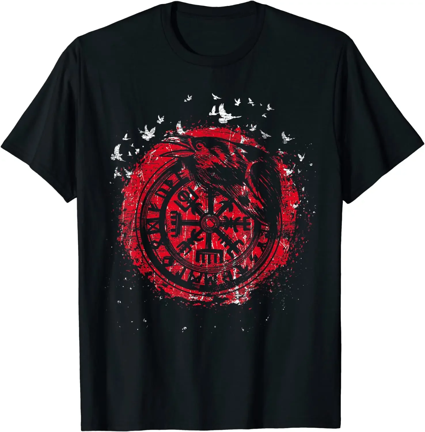 Norse Mythology Odin Ravens Compass Vegvisir Rune T-Shirt 100% Cotton O-Neck Summer Short Sleeve Casual Mens T-shirt