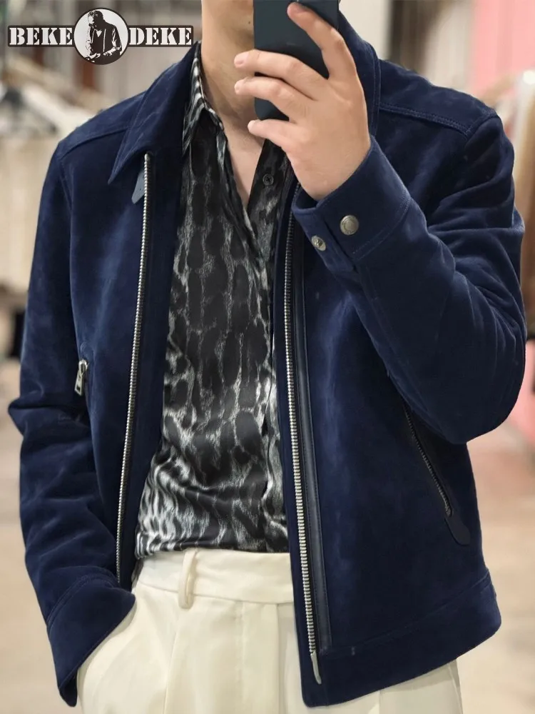 

Модная однотонная короткая куртка из натуральной кожи с лацканами и карманом на молнии с длинными рукавами, тонкое мужское пальто из воловьей кожи высокого качества на пуговицах