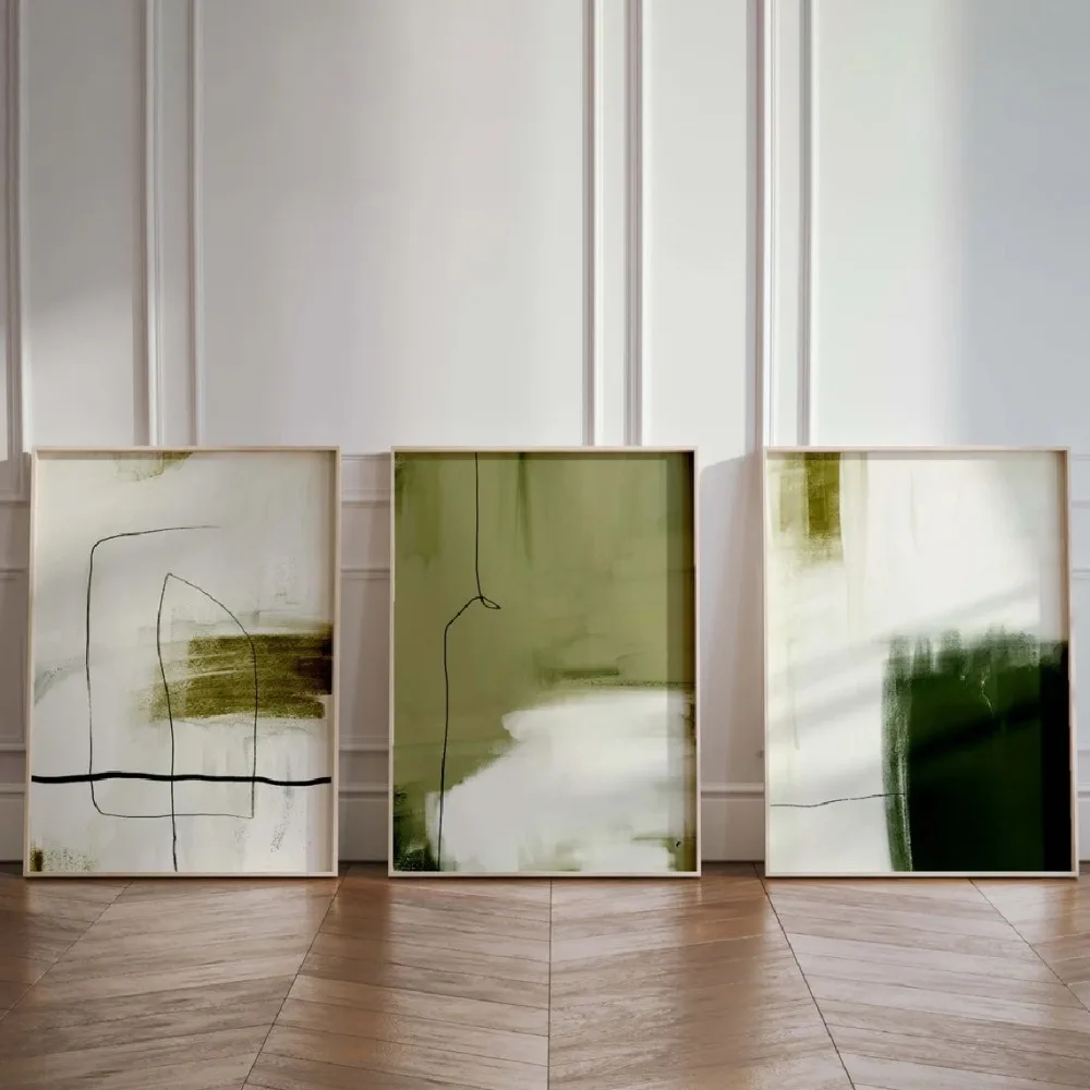 3pcs Frameless Scandinavian Nordic Wall Art, Emerald Green Line Art Prints, Minimalist Scandinavian Style Landscape Paintings