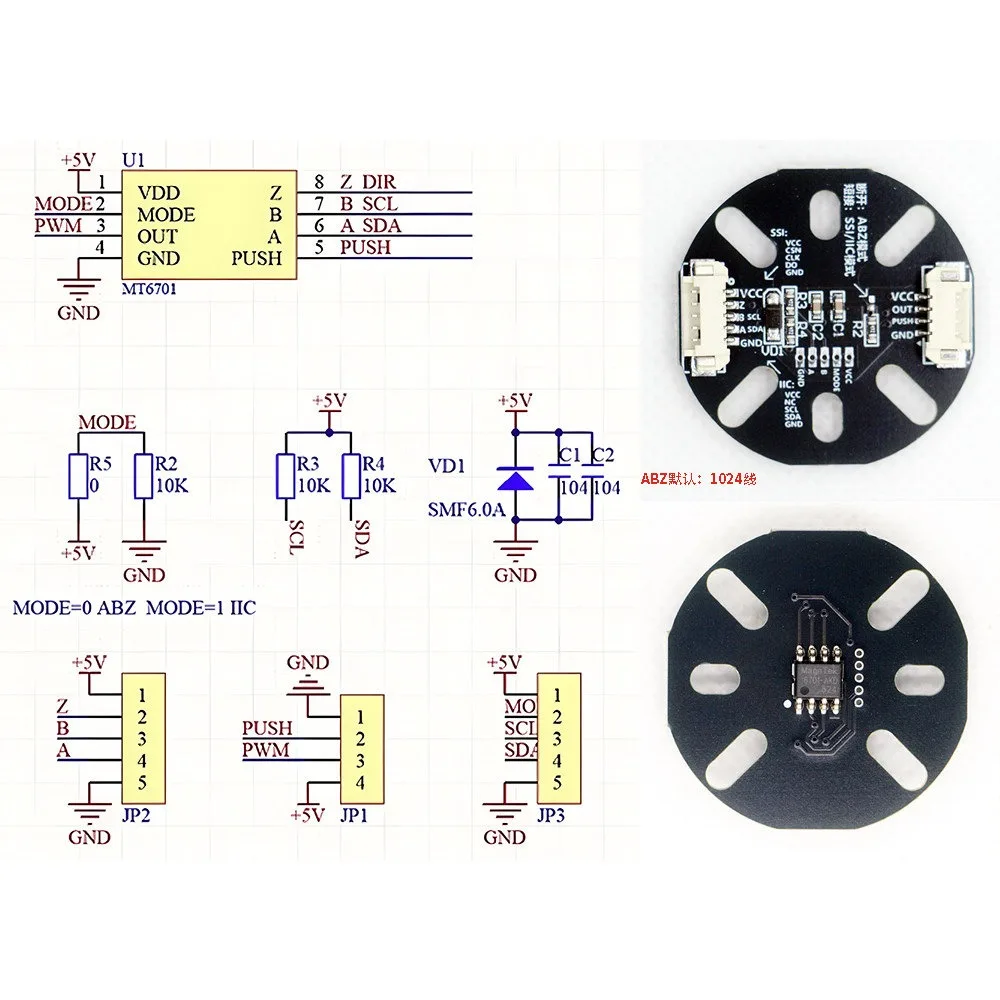 MT6701 Magnetic Encoder Board 14‑Bit High Precision 0‑360° Absolute Angle Speed Sensor ABZ UVW SSI I2C Output for FOC BLDC Motor