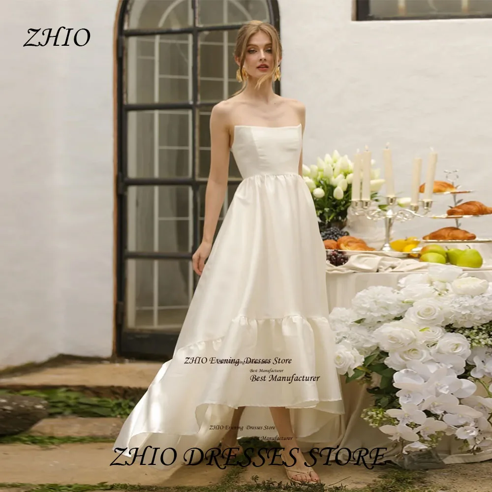 

ZHIO Modern Design Ivory Satin Evening Gown High-Low Strapless Long Party Dress Sleeveless Sweep Train Prom Gown Customized