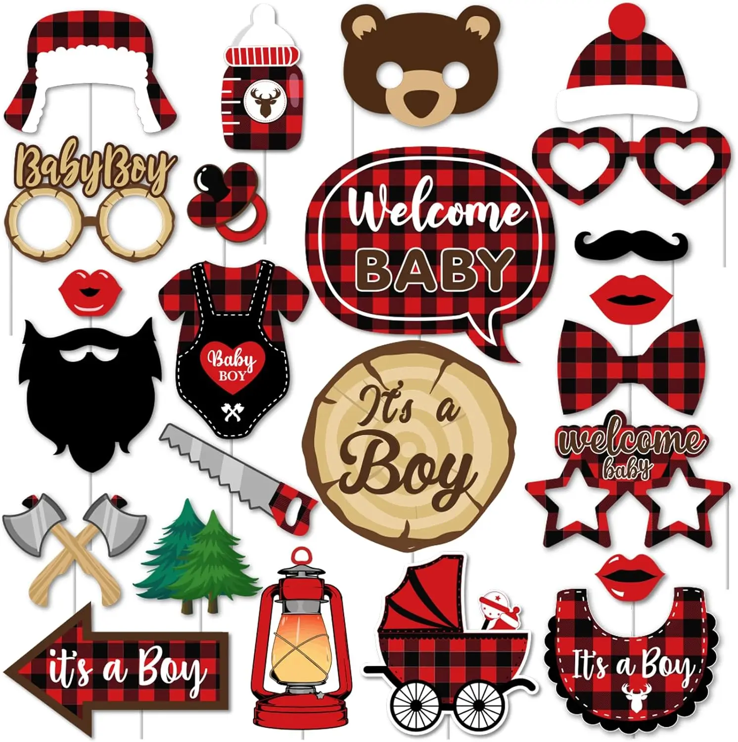 Lumberjack Baby Shower Decor Buffalo Plaid Photo Booth Props for Hunting Camping Bear Adventure Woodland Its a Boy Party