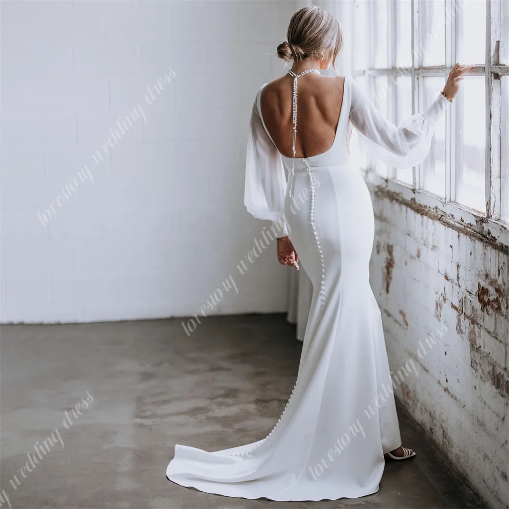 New Simple Pretty Square Neck Wedding Dresses Long Sleeves Mermaid Bride Robes Sexy Backless Bridal Gown Vestidos De Noiva