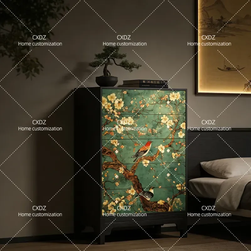 New Chinese Style Solid Wood Chest of Drawers Flower and Bird Painted Retro Living Room Bedroom Wall Integrated Storage