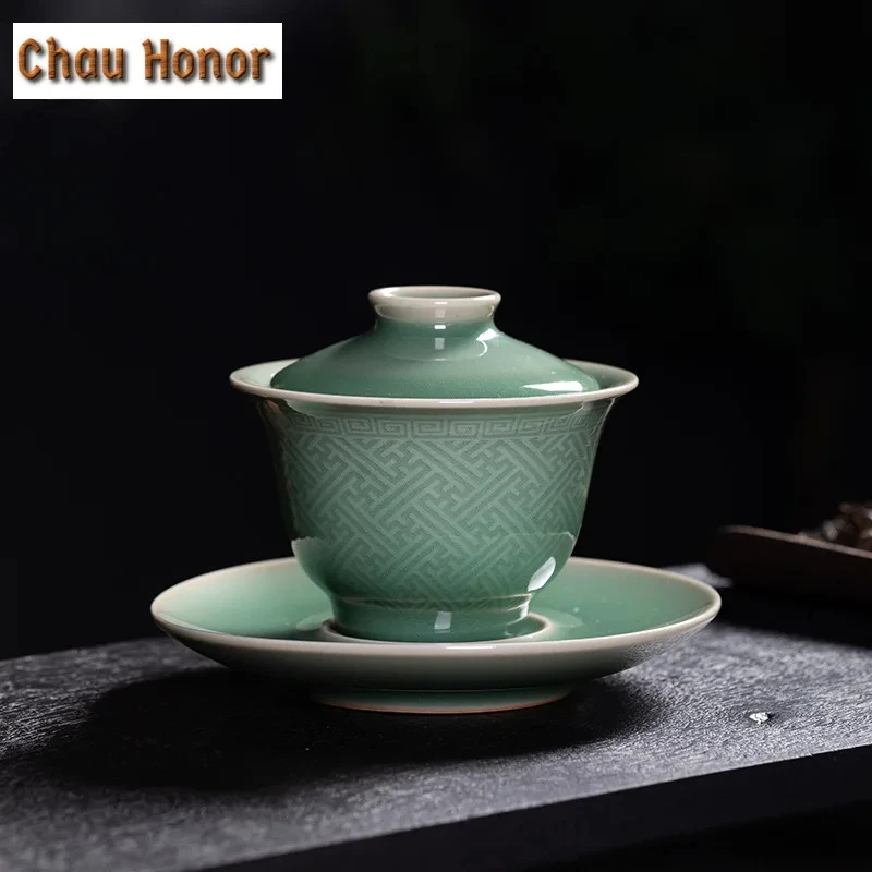 

125ml Longquan Celadon Plum Green Gaiwan Boutique Tea Tureen Tea Bowl with Lid Kit Tea Brewing Cover Bowl Tea Services Craft