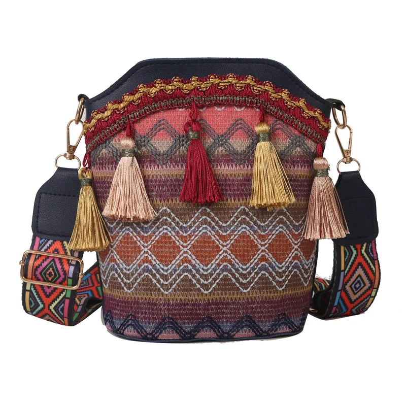 2023 Crossbody Bags for Women Bucket Fashion All-match Bohemian Style Embroidery Mixed Colors Tassel Purse and Handbags