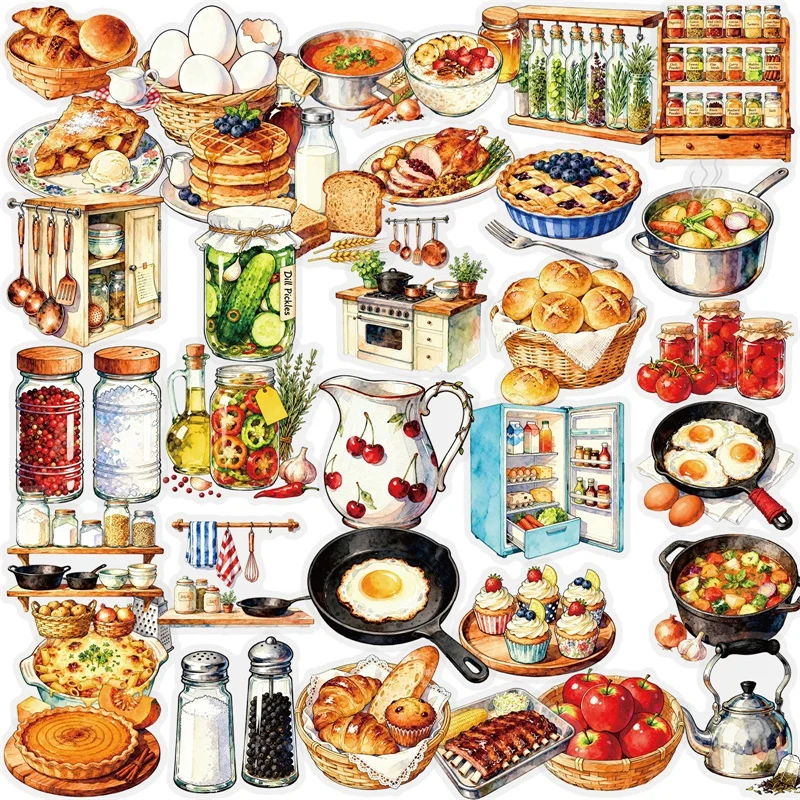 56PCS Vintage Kitchen Stickers Transparent PET Waterproof Decals for Phone Laptop Luggage Skateboard DIY Graffiti Decor