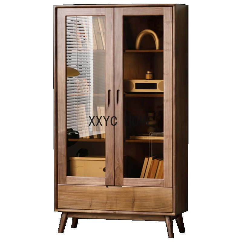 

North America Black Walnut Solid Wood Bookcase Bookshelf Locker with Glass Door Floor Nordic