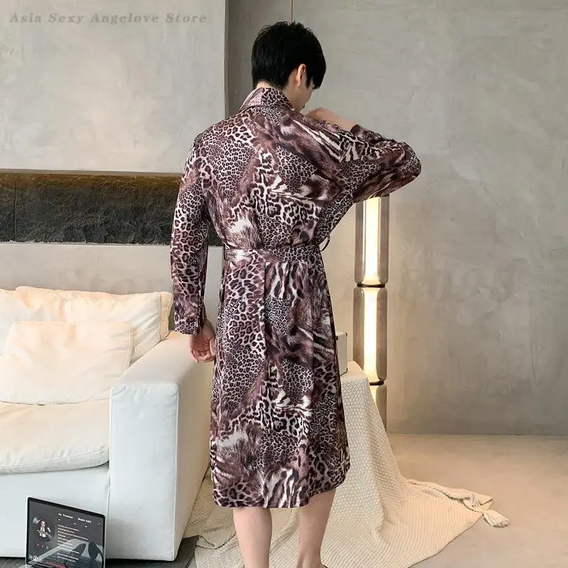 موضة ليوبارد طباعة رداء الذكور ملابس خاصة الحرير الساتان بأكمام طويلة البشكير كيمونو ثوب الرجال التلبيب ملابس المنزل ثوب النوم المتسكعون #6