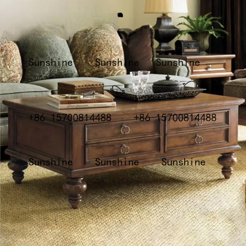 

American rural solid wood rectangular coffee table side table combination