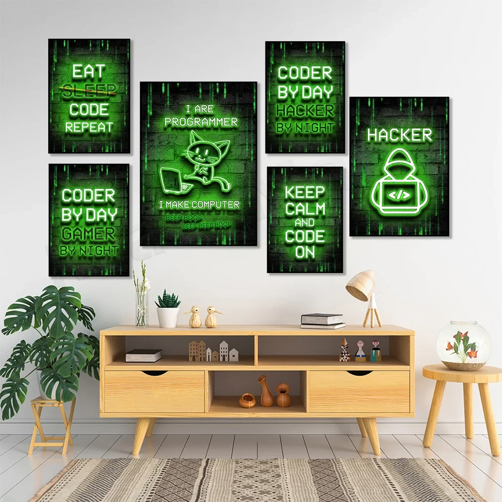 Neon Sign Gamer Hacker Code Programmer Art Canvas Paintings Posters and Prints Wall Art Pictures Gamer for Bedroom Decoration