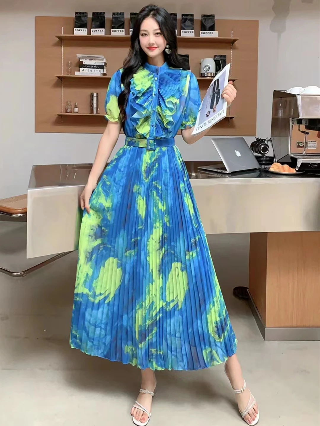 2024 New Summer Women O-Neck Short Sleeve Belt Slim Long Dress Fashion Tie Dye Sweet Ruffles Pleated Big Hem Chiffon Dress