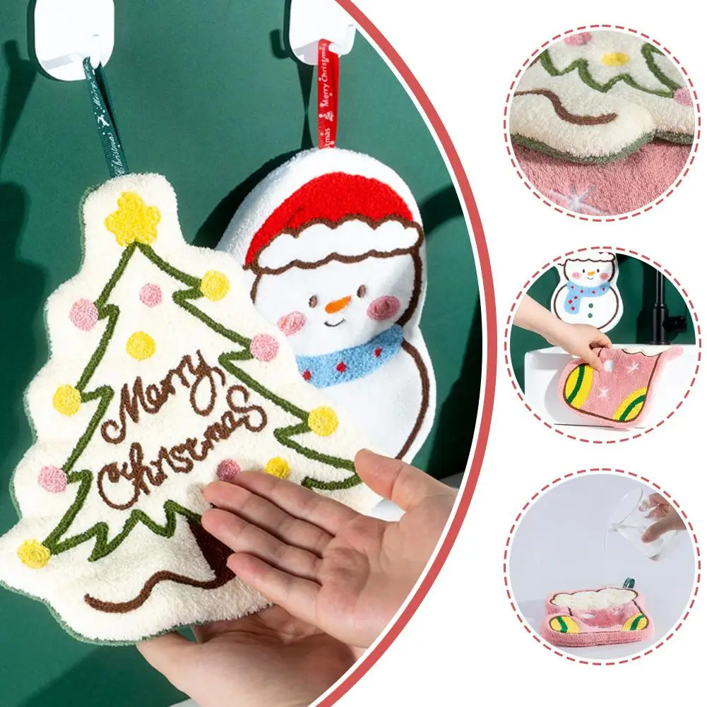 Christmas Hand Towel Cartoon Design Coral Fleece Material Snowman Gingerbread Man Kitchen Bathroom Decoration