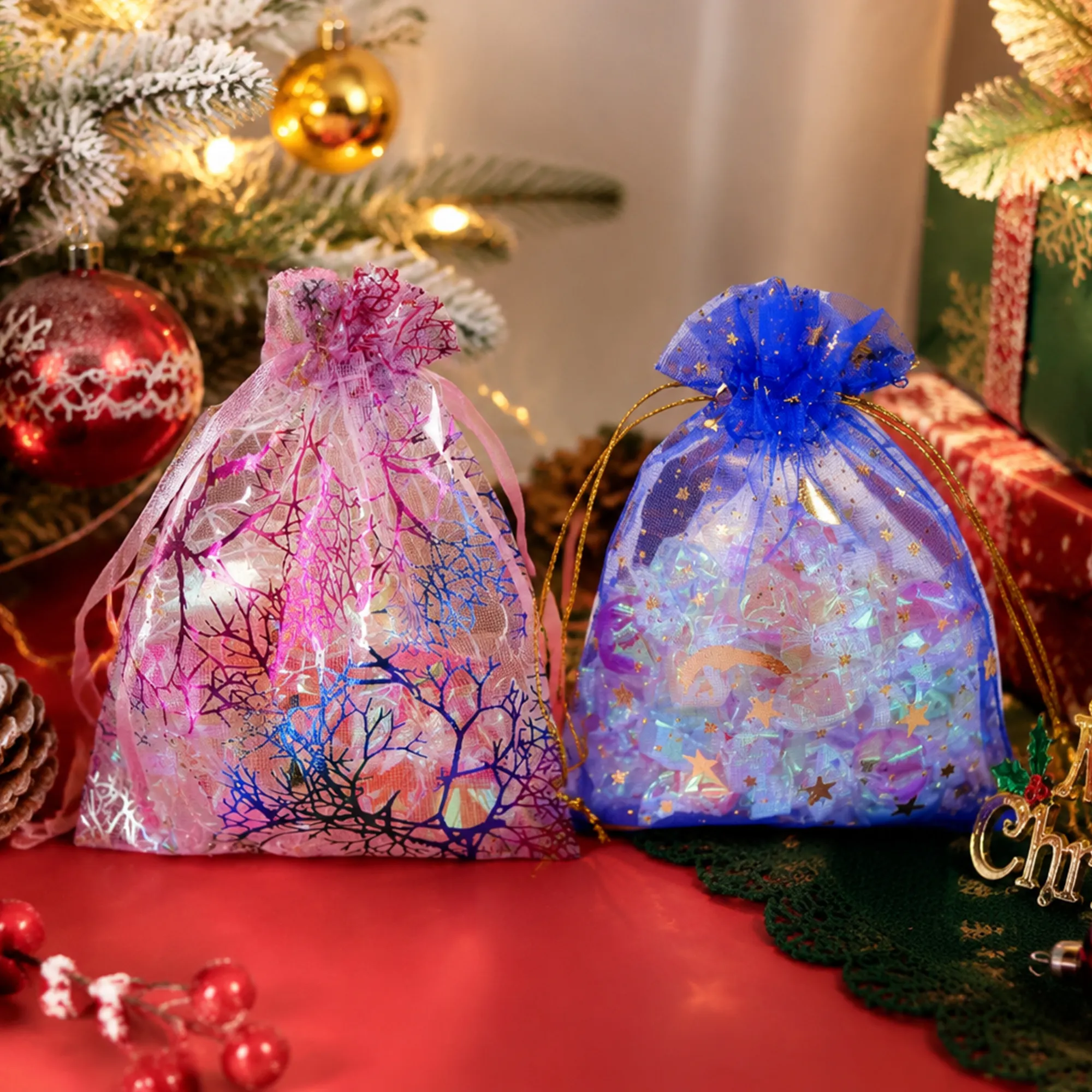 100PCS 2Styles Drawstring Organza Bags Jewelry Gift Bags Pouches Gold Star Organza Favor Pouches for Christmas Wedding view 5
