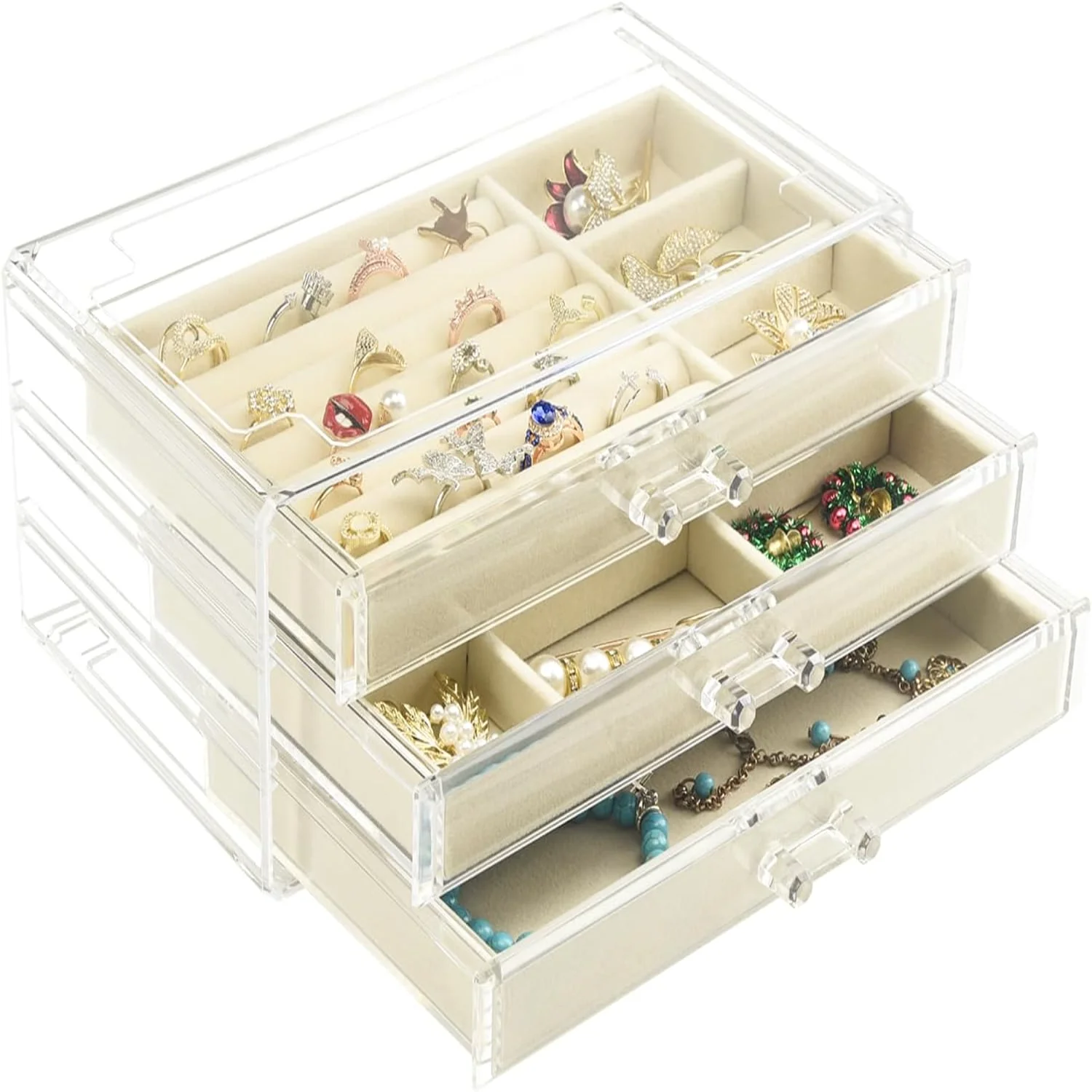 Acrylic Jewelry Box  Drawers, Velvet Jewellery Organizer, Earring Rings Necklaces Bracelets Display Case Gift for Women, Girls