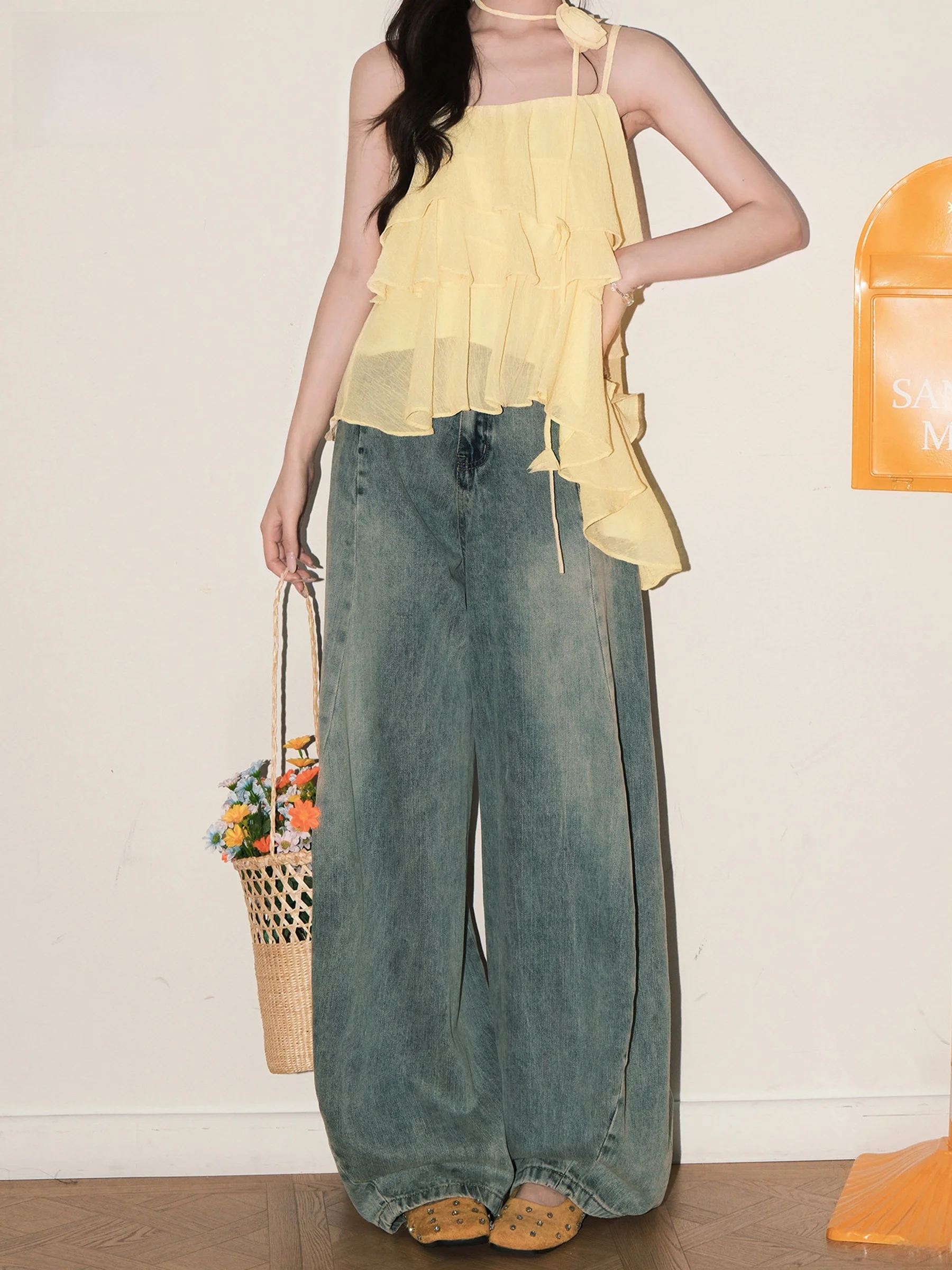 

American Style High Waist Knife Denim Jeans Women's Loose Wide Leg Jeans Summer Casual Washed out Slimming Effect