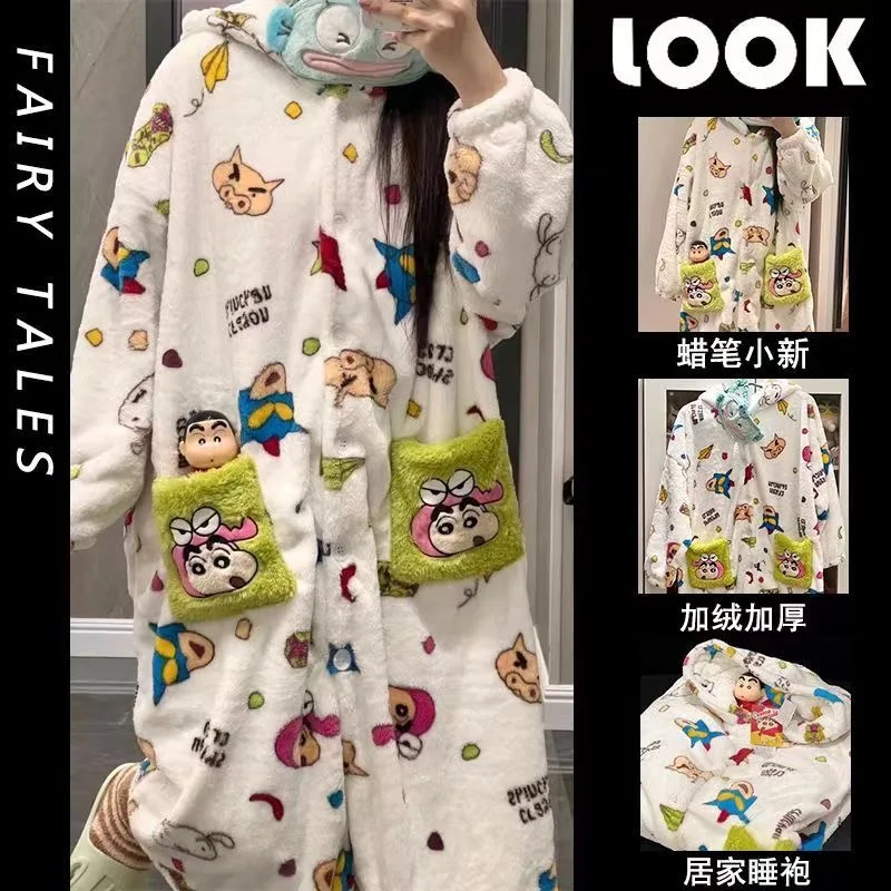 Kawaii Crayon Shin Chan Coral Fleece Pajamas Women'S Winter Can Be Worn Outside Thick Plush Nightgown Home Clothes Nightgown