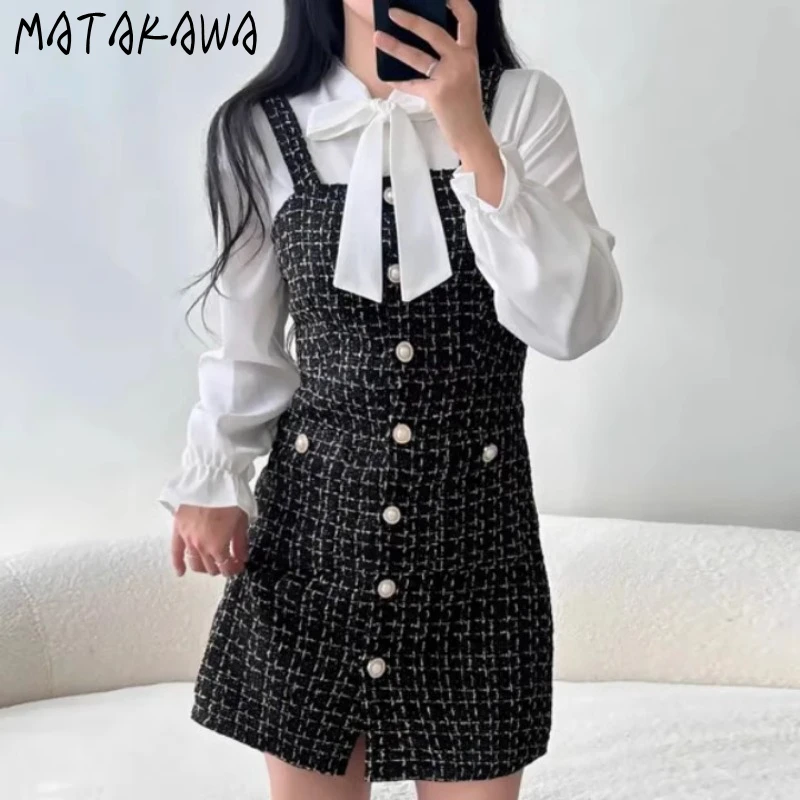 Matakawa Tweed Dress Sets Autumn Winter Plaid Korean Fashion Elegant 2 Piece Set Wome Outfits Chic Sweet Conjunto Femenino