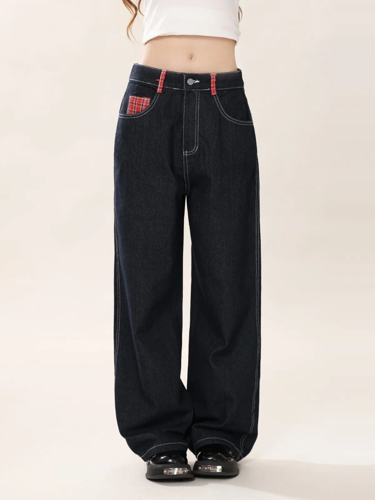 

ENJOG American Sle Plaid ket Splicing Jeans Women's Loose Straight Retro Pants Autumn 2024 New Arrival Versatile Long Tr...