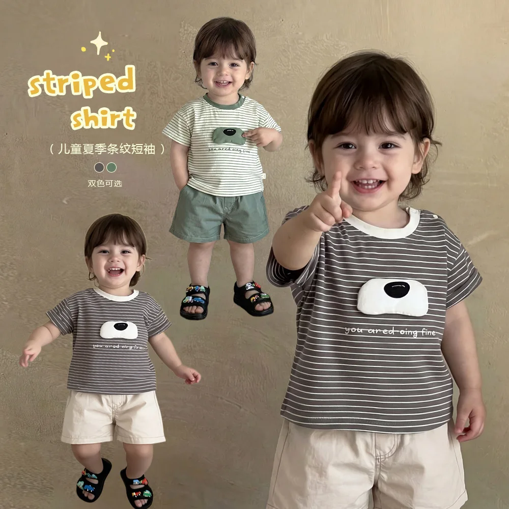 

Новая летняя полосатая футболка с мультяшным принтом для малышей 2026 года, хлопковая, с коротким рукавом, для мальчиков и девочек, повседневная, для улицы