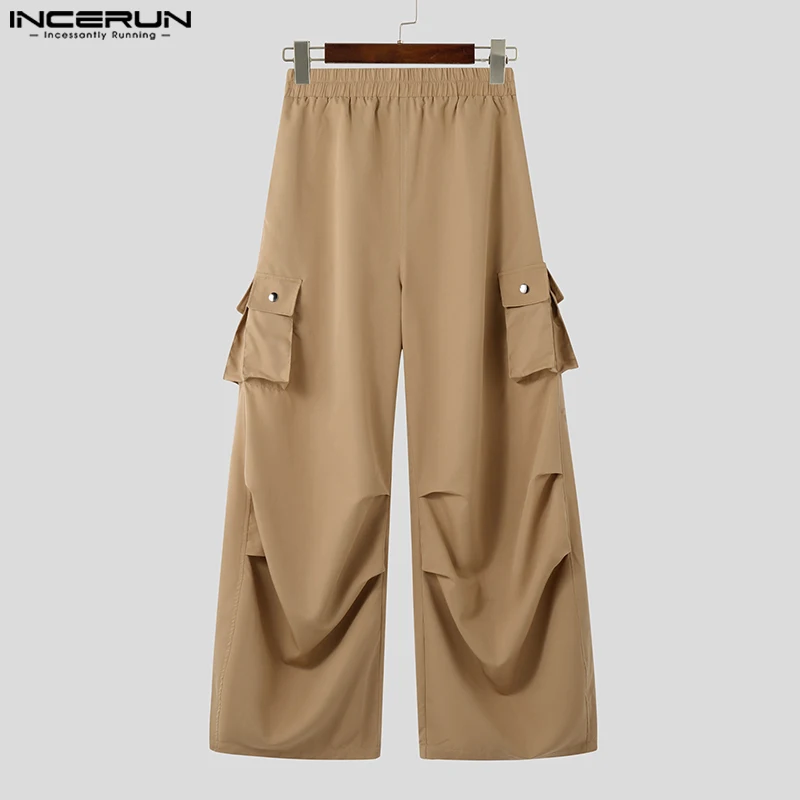 INCERUN 夏男性ワイドレッグパンツファッションカーゴパンツソリッドポケットプリーツ長ズボン特大パンタロン紳士服