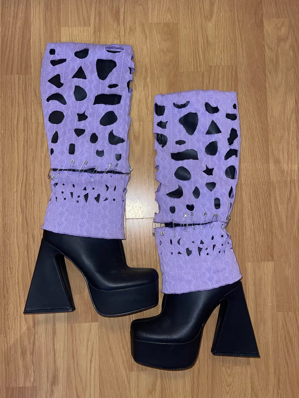 Lavender Cable-Knit Thigh-High Boots Fashion Cutout Detail Safety Pin Accents Black Platform Heel Square-Toe Chunky Heels Boots