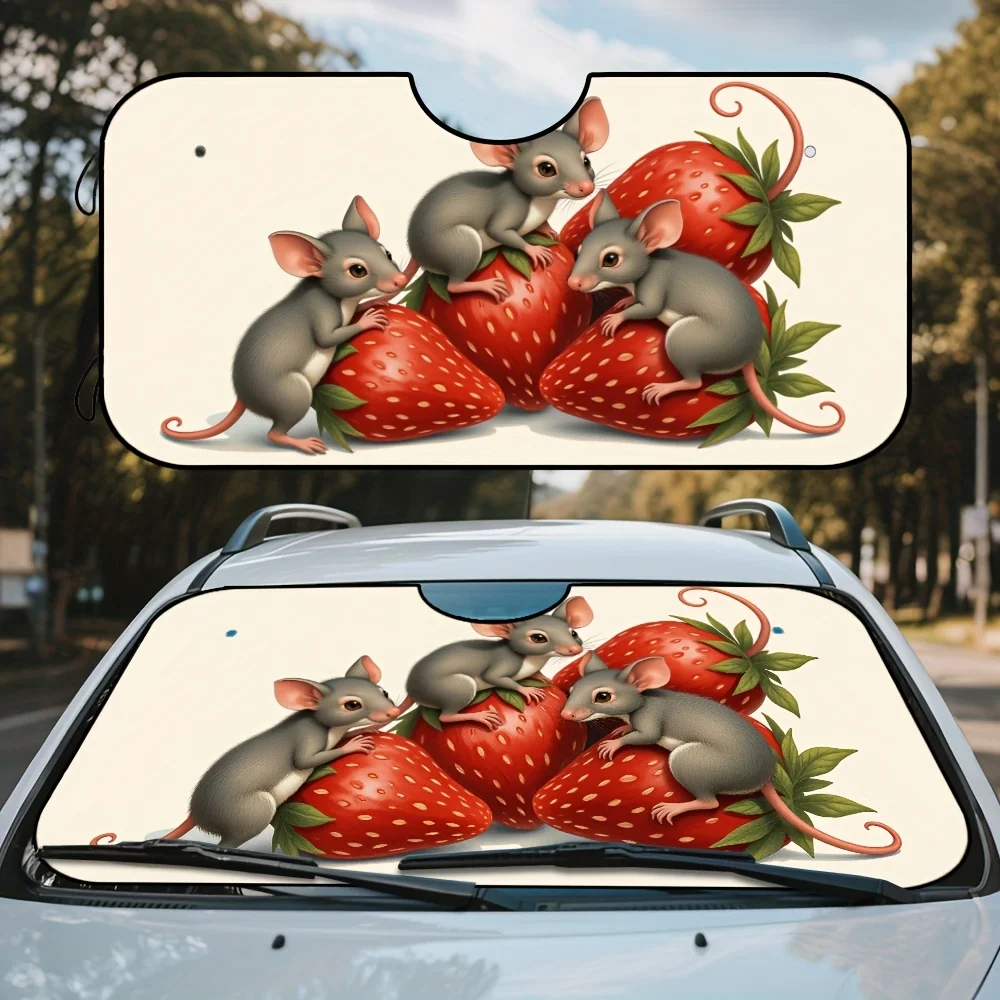 Pare-soleil de pare-brise de voiture imprimé souris et fraise Vintage, Design de dessin animé mignon, tissu Durable, adapté aux voitures, voyages sur route, Cam, 1 pièce