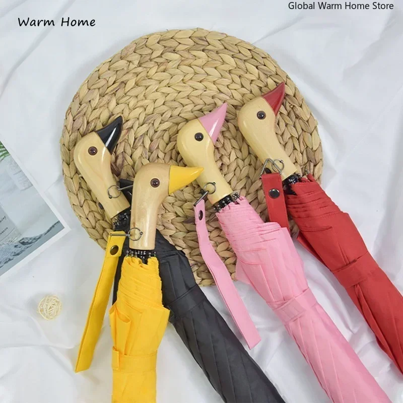 Cute Duck Wooden Handle Umbrellas Folding Automatic Anti-UV Windproof Black Coating Lady Portable Sun Parasol Umbrella Academy