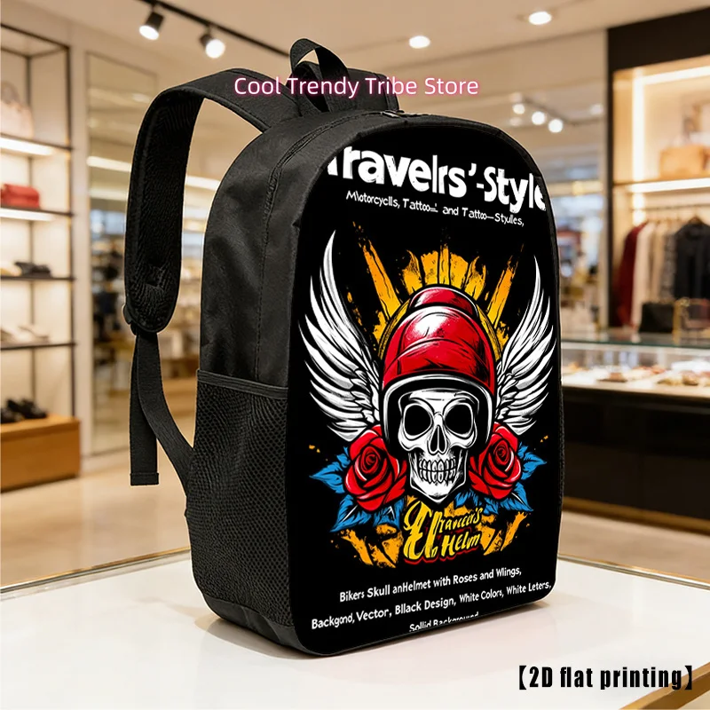 Motorcycle-Themed Backpack with Helmet & Wings Print - Large-Capacity Unisex Bookbag Suitable for Hiking, Commuting, Travel, Adj